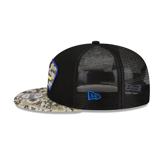 Los Angeles Rams New Era NFL 9FIFTY 950 Snapback 2021 Salute To Service Cap Hat Mesh Black Crown Camo Visor Patch Logo