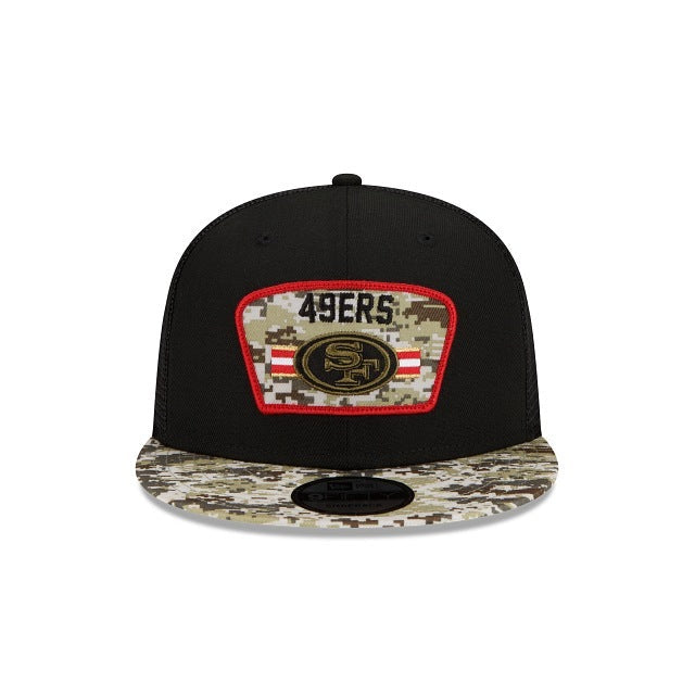 San Francisco 49ers New Era NFL 9FIFTY 950 Snapback 2021 Salute To Service Cap Hat Mesh Black Crown Camo Visor Patch Logo