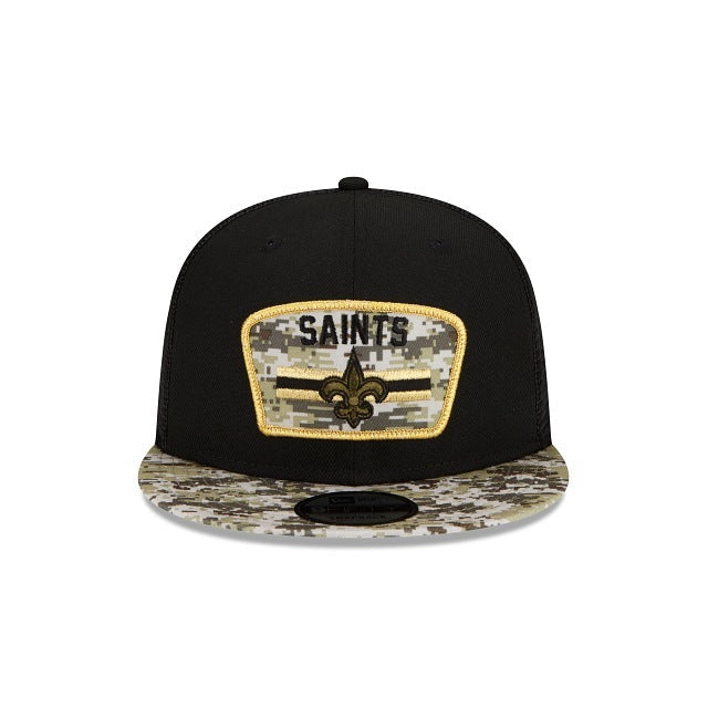 New Orleans Saints New Era NFL 9FIFTY 950 Snapback 2021 Salute To Service Cap Hat Mesh Black Crown Camo Visor Patch Logo