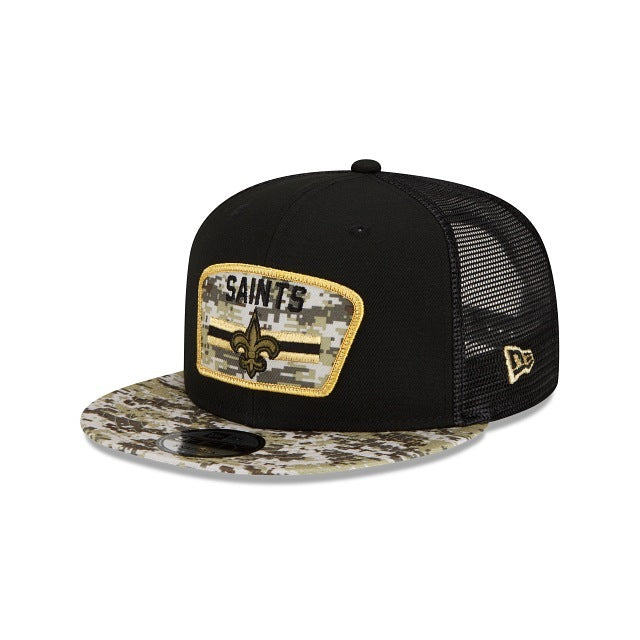 New Orleans Saints New Era NFL 9FIFTY 950 Snapback 2021 Salute To Service Cap Hat Mesh Black Crown Camo Visor Patch Logo