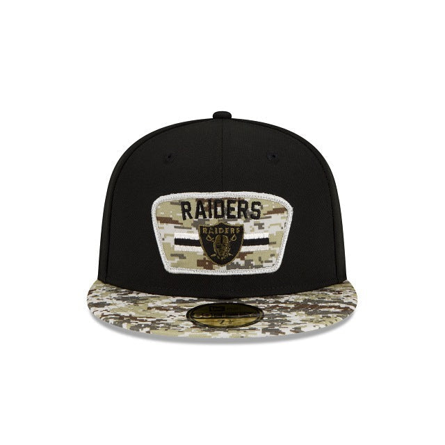 Las Vegas Raiders New Era 59FIFTY 5950 Fitted 2021 Salute To Service Cap Hat Black Crown Camo Visor Team Color Logo