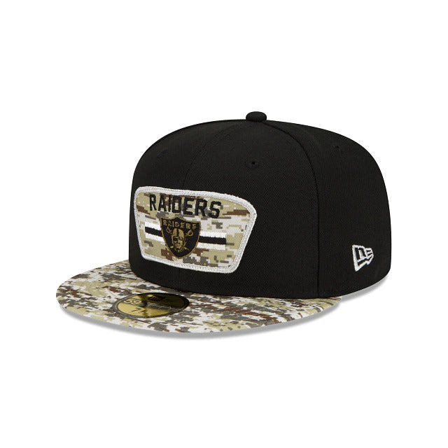 Las Vegas Raiders New Era 59FIFTY 5950 Fitted 2021 Salute To Service Cap Hat Black Crown Camo Visor Team Color Logo