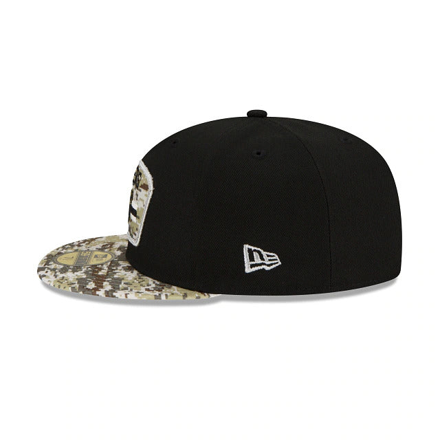 Las Vegas Raiders New Era 59FIFTY 5950 Fitted 2021 Salute To Service Cap Hat Black Crown Camo Visor Team Color Logo