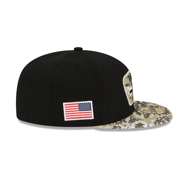 Las Vegas Raiders New Era 59FIFTY 5950 Fitted 2021 Salute To Service Cap Hat Black Crown Camo Visor Team Color Logo