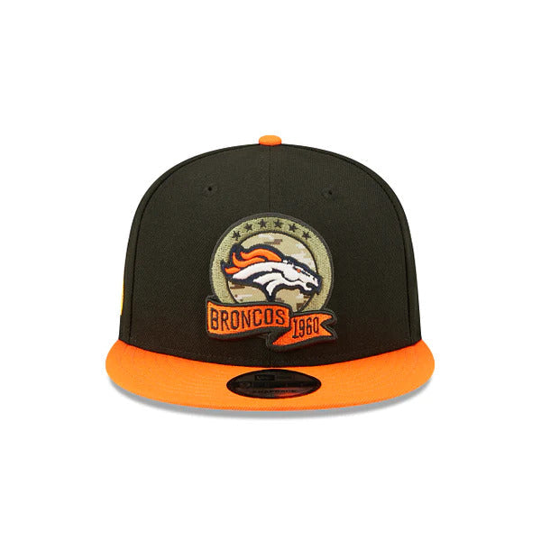 Denver Broncos New Era NFL 9FIFTY 950 Snapback Cap Hat Black Crown Orange Visor Camo Logo America Flag Side Patch (2022 Salute To Service)