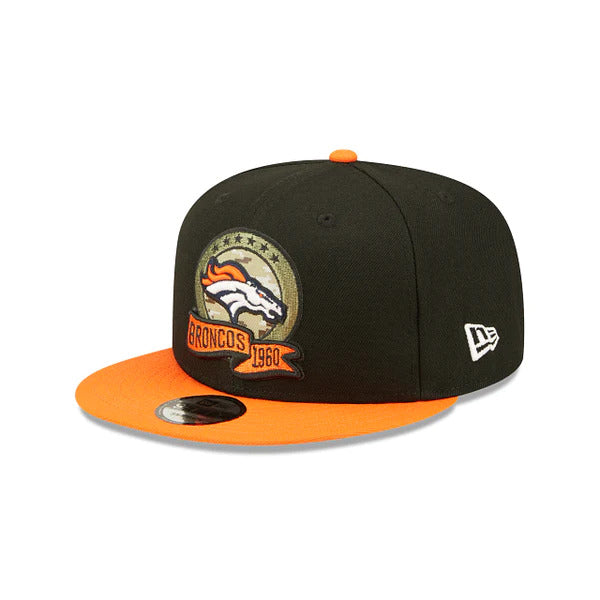 Denver Broncos New Era NFL 9FIFTY 950 Snapback Cap Hat Black Crown Orange Visor Camo Logo America Flag Side Patch (2022 Salute To Service)