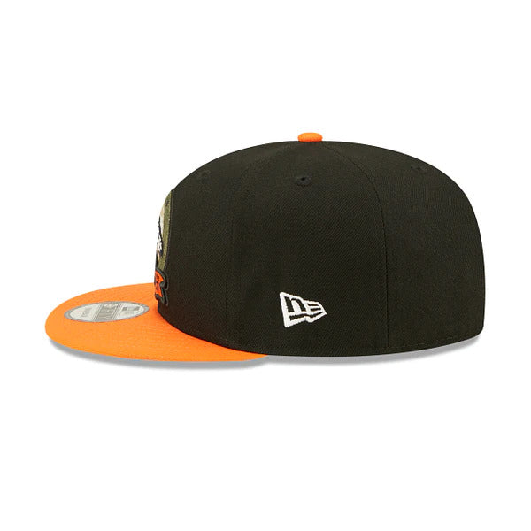 Denver Broncos New Era NFL 9FIFTY 950 Snapback Cap Hat Black Crown Orange Visor Camo Logo America Flag Side Patch (2022 Salute To Service)