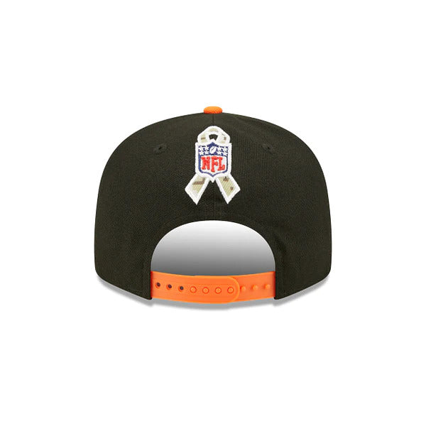 Denver Broncos New Era NFL 9FIFTY 950 Snapback Cap Hat Black Crown Orange Visor Camo Logo America Flag Side Patch (2022 Salute To Service)