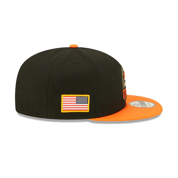 Denver Broncos New Era NFL 9FIFTY 950 Snapback Cap Hat Black Crown Orange Visor Camo Logo America Flag Side Patch (2022 Salute To Service)