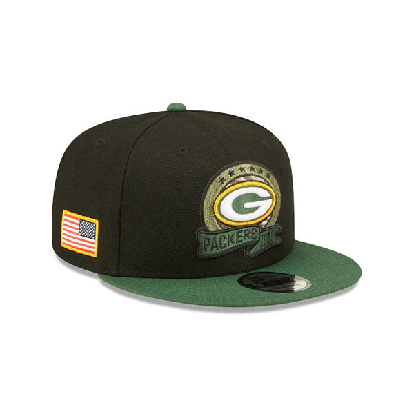 Green Bay Packers New Era NFL 9FIFTY 950 Snapback Cap Hat Black Crown Green Visor Camo Logo (2022 Salute To Service)