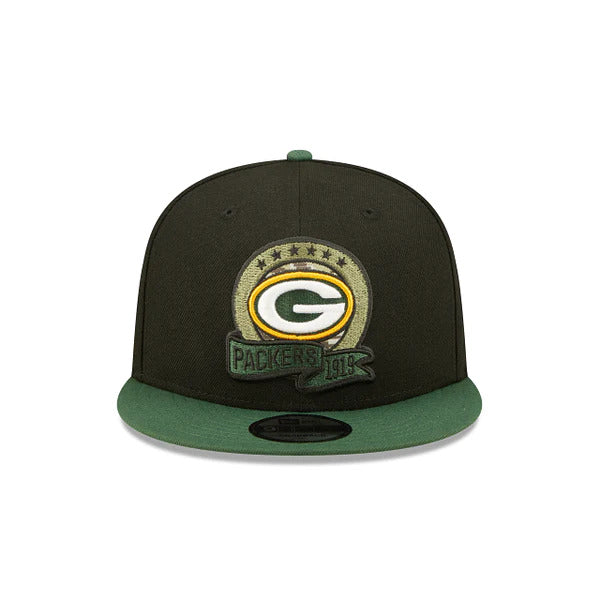 Green Bay Packers New Era NFL 9FIFTY 950 Snapback Cap Hat Black Crown Green Visor Camo Logo (2022 Salute To Service)