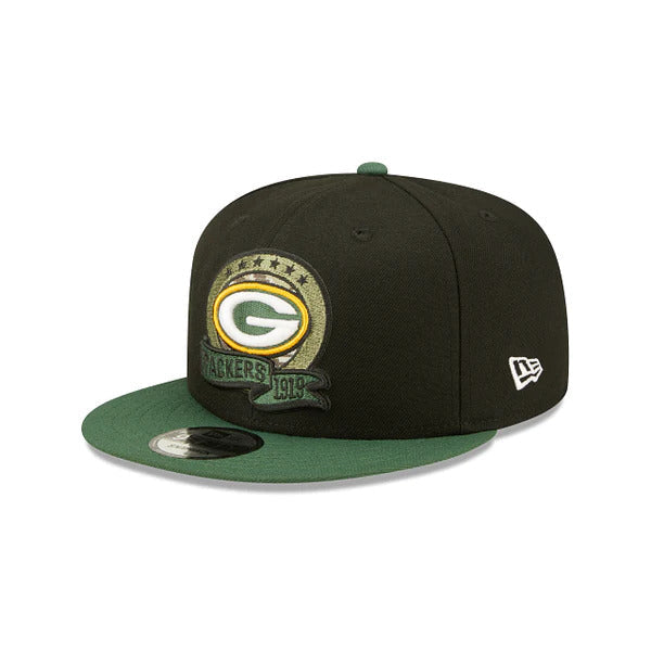 Green Bay Packers New Era NFL 9FIFTY 950 Snapback Cap Hat Black Crown Green Visor Camo Logo (2022 Salute To Service)