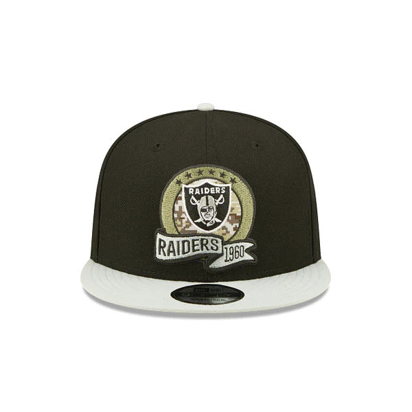 Las Vegas Raiders New Era 9FIFTY 950 Snapback Cap Hat Black Crown Gray Visor Camo Logo (2022 Salute To Service)