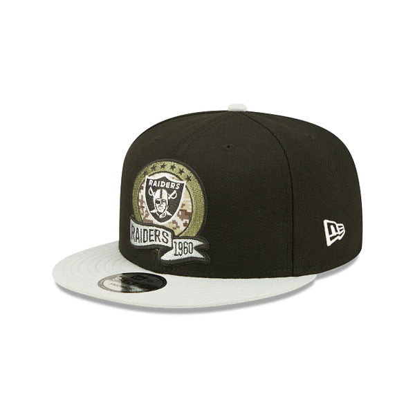 Las Vegas Raiders New Era 9FIFTY 950 Snapback Cap Hat Black Crown Gray Visor Camo Logo (2022 Salute To Service)