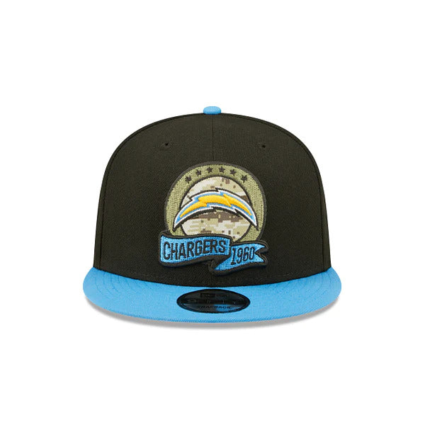 Los Angeles Chargers New Era NFL 9FIFTY 950 Snapback Cap Hat Black Crown Sky Blue Visor Camo Logo (2022 Salute To Service)
