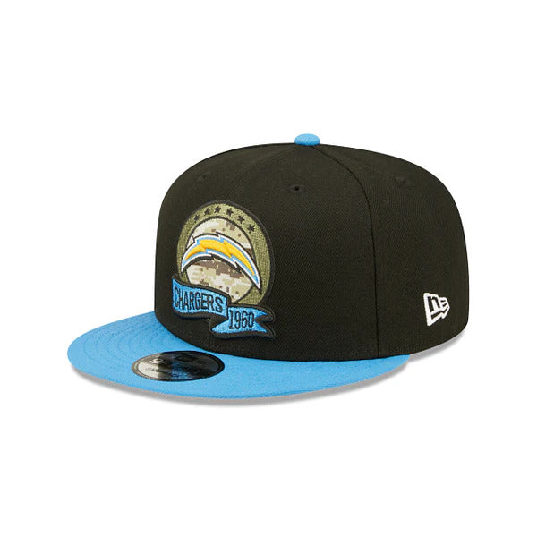 Los Angeles Chargers New Era NFL 9FIFTY 950 Snapback Cap Hat Black Crown Sky Blue Visor Camo Logo (2022 Salute To Service)