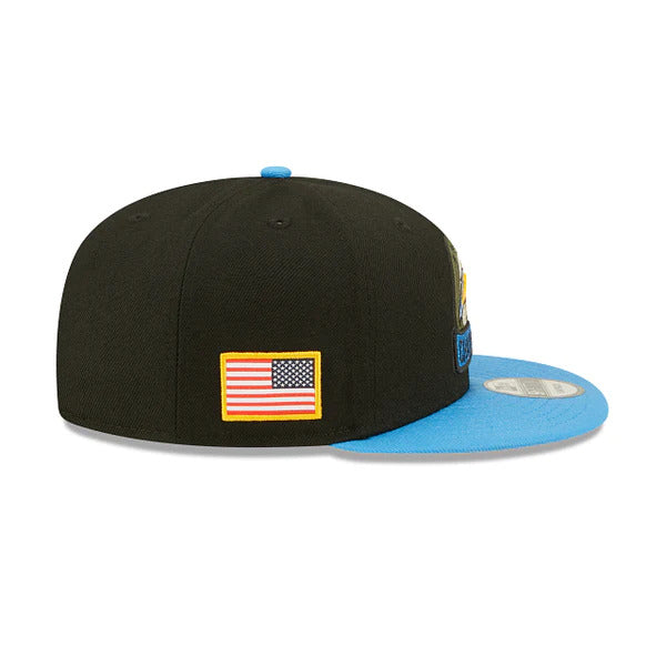 Los Angeles Chargers New Era NFL 9FIFTY 950 Snapback Cap Hat Black Crown Sky Blue Visor Camo Logo (2022 Salute To Service)