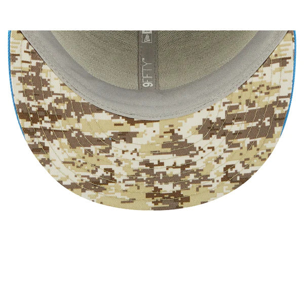 Los Angeles Chargers New Era NFL 9FIFTY 950 Snapback Cap Hat Black Crown Sky Blue Visor Camo Logo (2022 Salute To Service)