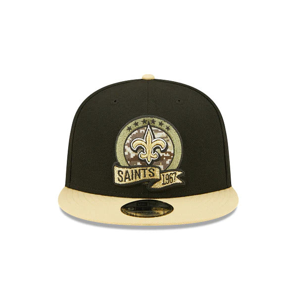 New Orleans Saints New Era NFL 9FIFTY 950 Snapback Cap Hat Black Crown Wheat Visor Camo Logo (2022 Salute To Service)