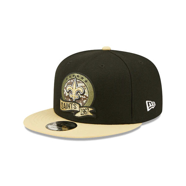 New Orleans Saints New Era NFL 9FIFTY 950 Snapback Cap Hat Black Crown Wheat Visor Camo Logo (2022 Salute To Service)
