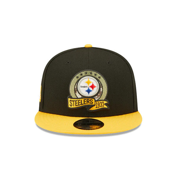 Pittsburgh Steelers New Era NFL 9FIFTY 950 Snapback Cap Hat Black Crown Yellow Visor Camo Logo (2022 Salute To Service)