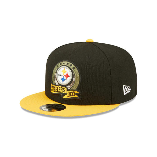 Pittsburgh Steelers New Era NFL 9FIFTY 950 Snapback Cap Hat Black Crown Yellow Visor Camo Logo (2022 Salute To Service)