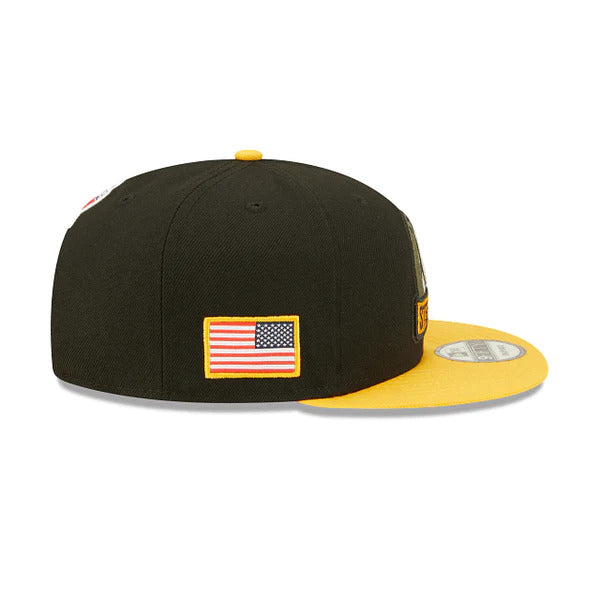Pittsburgh Steelers New Era NFL 9FIFTY 950 Snapback Cap Hat Black Crown Yellow Visor Camo Logo (2022 Salute To Service)