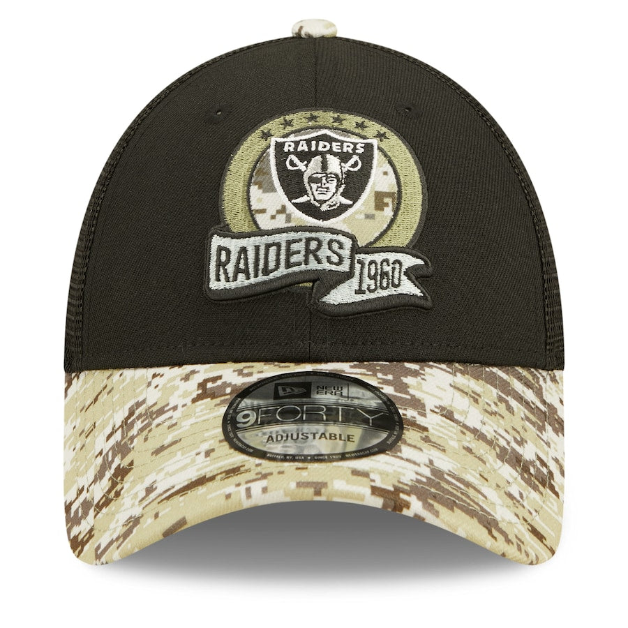 Las Vegas Raiders New Era 9FORTY 940 Adjustable Cap Hat Black Crown Camo Visor Team Color Logo (2022 Salute To Service)