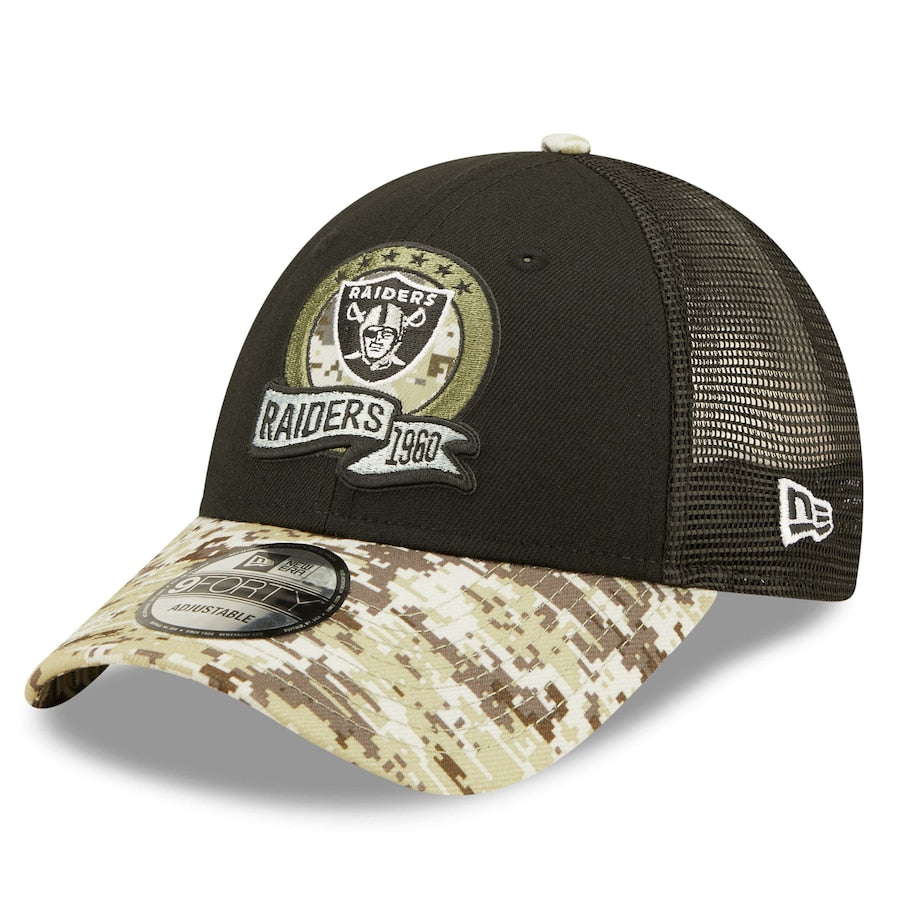 Las Vegas Raiders New Era 9FORTY 940 Adjustable Cap Hat Black Crown Camo Visor Team Color Logo (2022 Salute To Service)