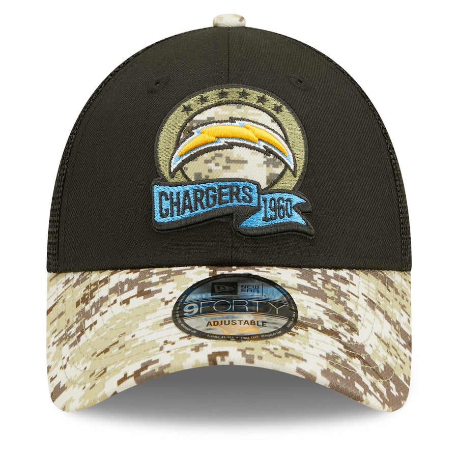 Los Angeles Chargers New Era NFL 9FORTY 940 Adjustable Cap Hat Black Crown Camo Visor Team Color Logo (2022 Salute To Service)