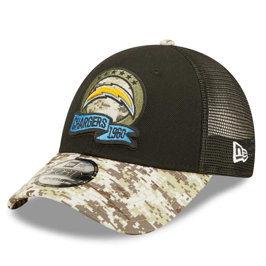 Los Angeles Chargers New Era NFL 9FORTY 940 Adjustable Cap Hat Black Crown Camo Visor Team Color Logo (2022 Salute To Service)
