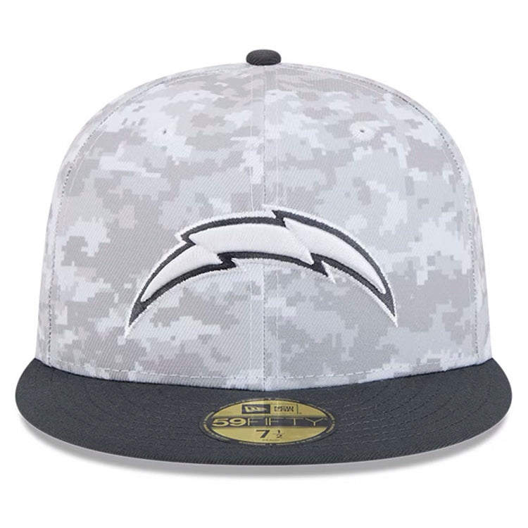 Los Angeles Chargers New Era NFL 59FIFTY 5950 Fitted Cap Hat Camo Crown Dark Gray Visor White/Gray Logo (2024 Salute To Service)