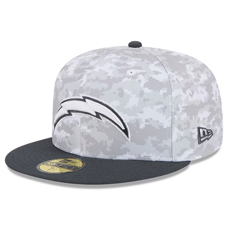 Los Angeles Chargers New Era NFL 59FIFTY 5950 Fitted Cap Hat Camo Crown Dark Gray Visor White/Gray Logo (2024 Salute To Service)