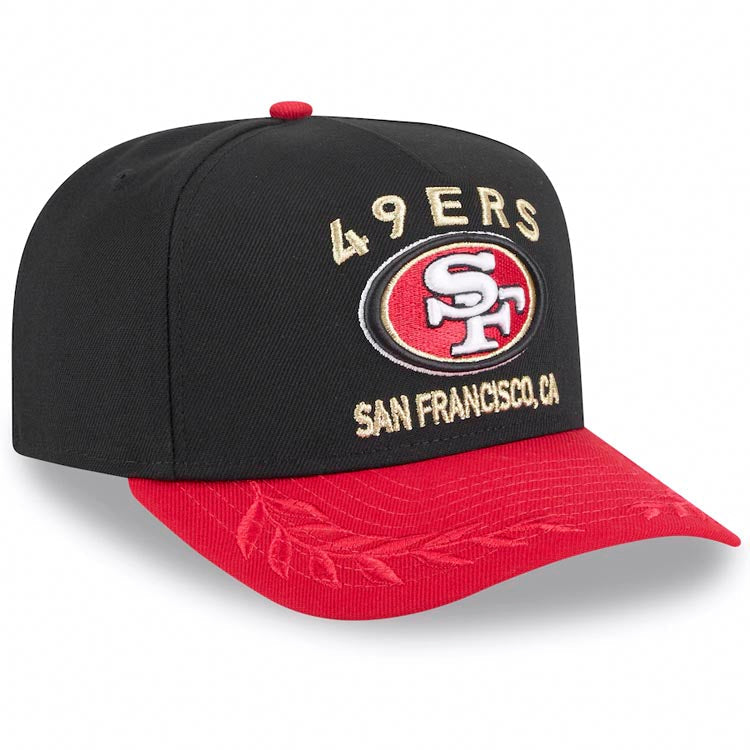 San Francisco 49ers New Era NFL 9FIFTY 950 A-Frame Snapback Cap Hat Black Crown Red Visor Team Color with Text Logo (2025 Draft)