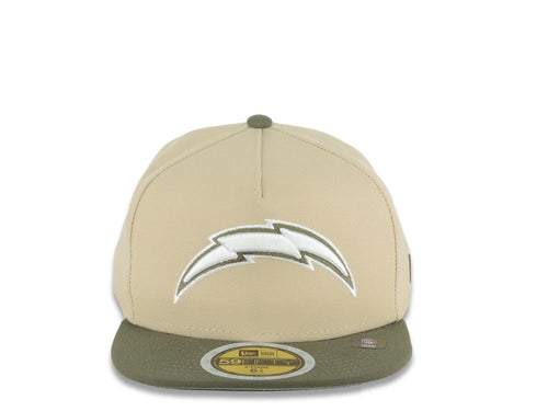 (Youth) Los Angeles Chargers New Era NFL 59FIFTY 5950 Kid A-Frame Fitted Cap Hat Khaki Crown Olive Green Visor White/Olive Green Logo