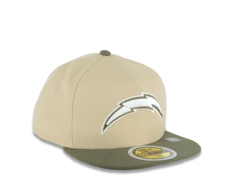 (Youth) Los Angeles Chargers New Era NFL 59FIFTY 5950 Kid A-Frame Fitted Cap Hat Khaki Crown Olive Green Visor White/Olive Green Logo