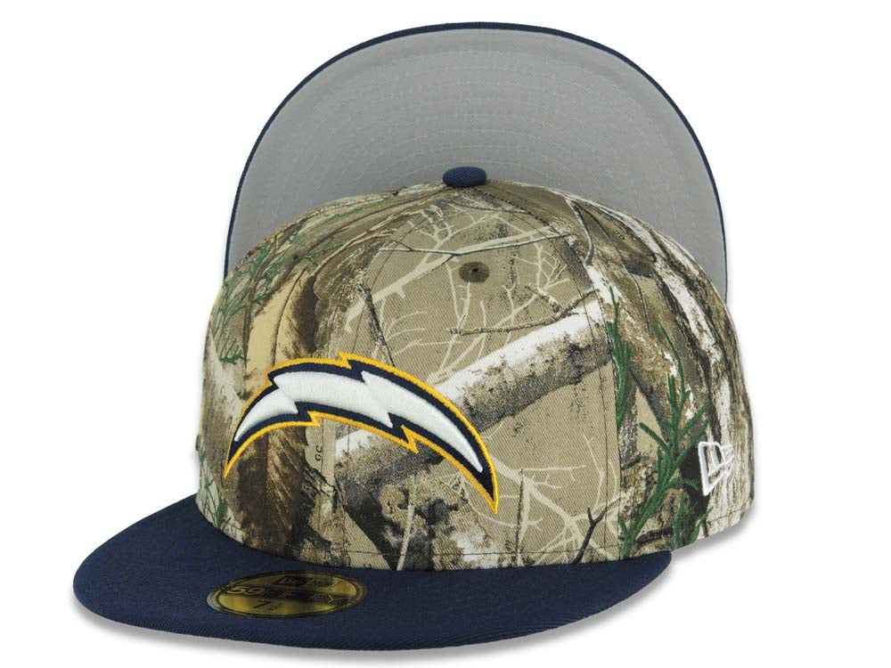 Los Angeles Chargers New Era NFL 59FIFTY 5950 Fitted Cap Hat Real Tree Edge Camo Crown Navy Blue Visor White/Navy Blue/Yellow Logo Gray UV