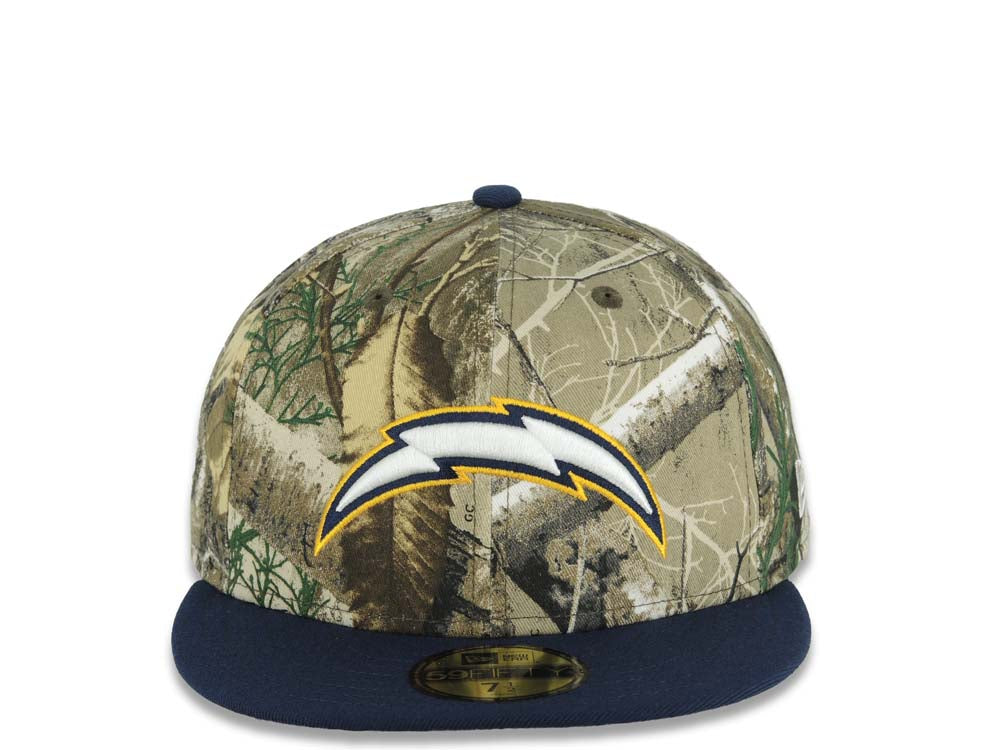 Los Angeles Chargers New Era NFL 59FIFTY 5950 Fitted Cap Hat Real Tree Edge Camo Crown Navy Blue Visor White/Navy Blue/Yellow Logo Gray UV