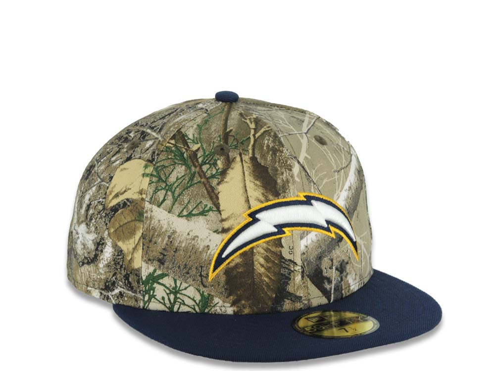 Los Angeles Chargers New Era NFL 59FIFTY 5950 Fitted Cap Hat Real Tree Edge Camo Crown Navy Blue Visor White/Navy Blue/Yellow Logo Gray UV