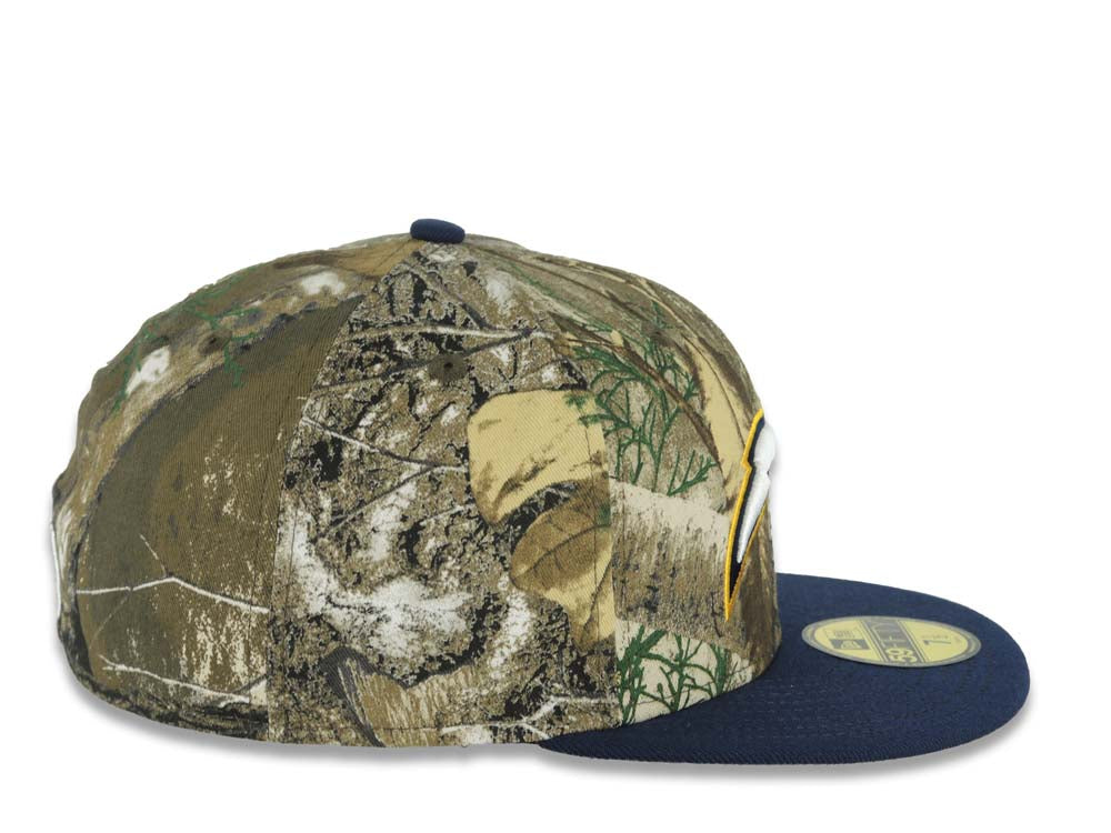 Los Angeles Chargers New Era NFL 59FIFTY 5950 Fitted Cap Hat Real Tree Edge Camo Crown Navy Blue Visor White/Navy Blue/Yellow Logo Gray UV