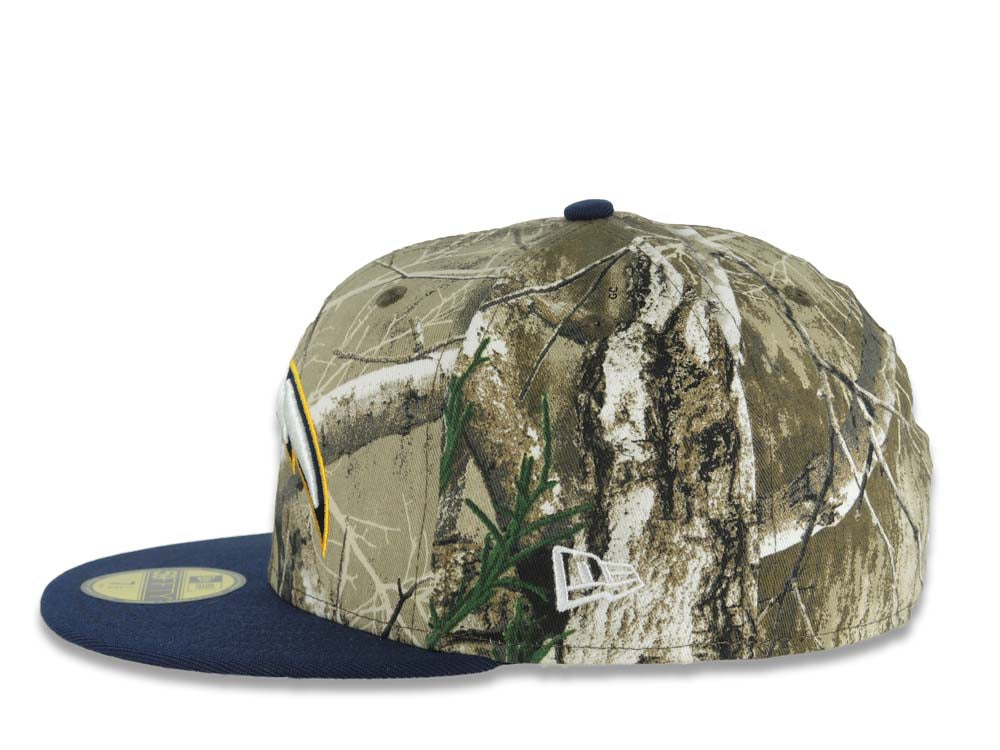 Los Angeles Chargers New Era NFL 59FIFTY 5950 Fitted Cap Hat Real Tree Edge Camo Crown Navy Blue Visor White/Navy Blue/Yellow Logo Gray UV