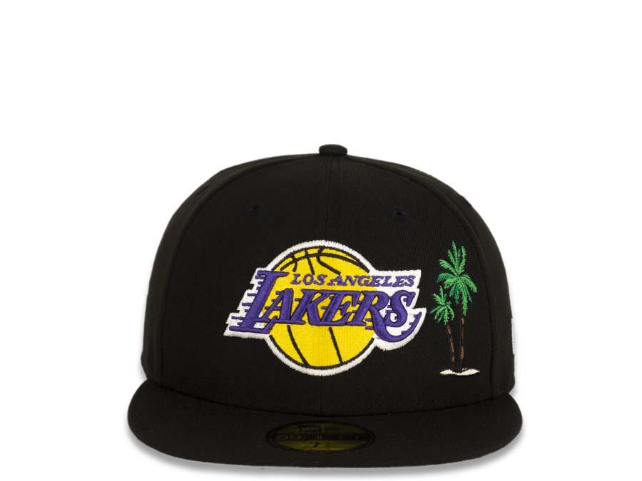Los Angeles Lakers New Era NBA 59Fifty 5950 Fitted Cap Hat Black Crown/Visor Default Log with Palm Trees Taco Back Logo Gray UV