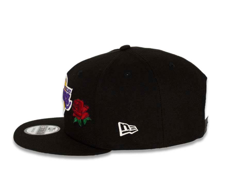 Los Angeles Lakers New Era NBA 9FIFTY 950 Snapback Cap Hat Black Crown/Visor Team Color Logo With Rose
