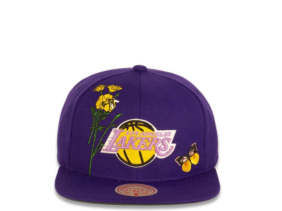 Los Angeles Lakers Mitchell & Ness NBA Snapback Purple Crown/Visor Deafult Logo with Flowers/Butterfly Gray UV (State Flower)