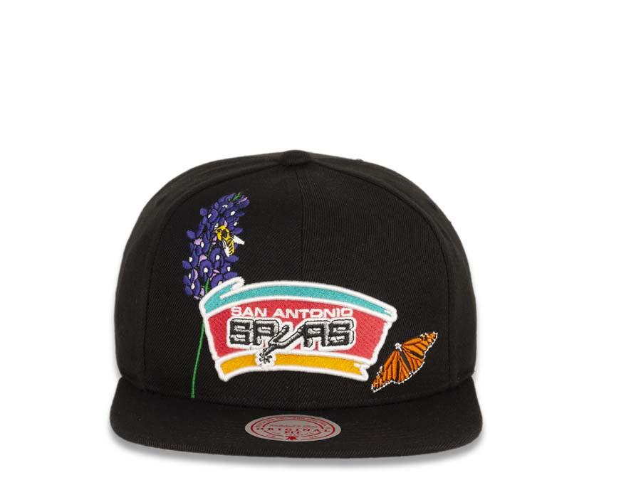 San Antonio Spurs Mitchell & Ness NBA Snapback Black Crown/Visor Deafult Logo with Flowers/Butterfly Gray UV (State Flower)