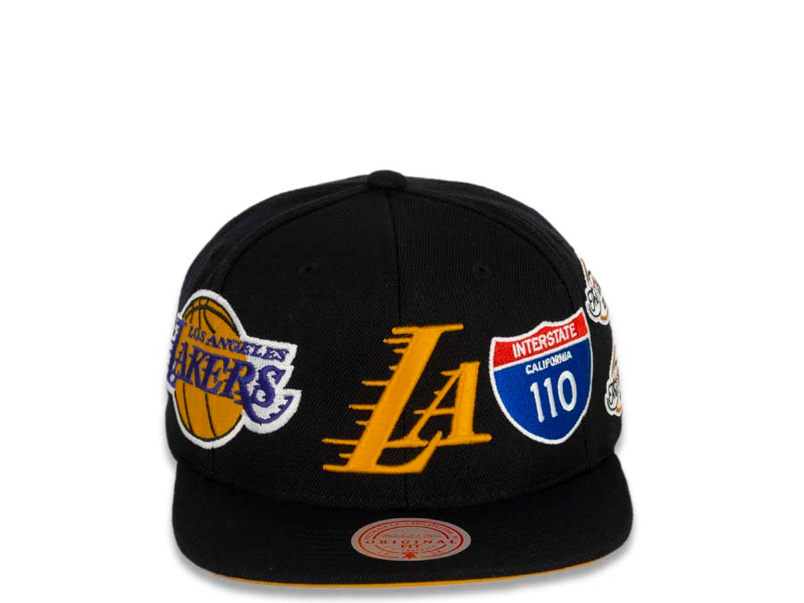 Los Angeles Lakers Mitchell & Ness NBA Snapback Cap Hat Black Crown/Visor Team Color Logo The Finals/Interstate Logo/Palm Tree Patches