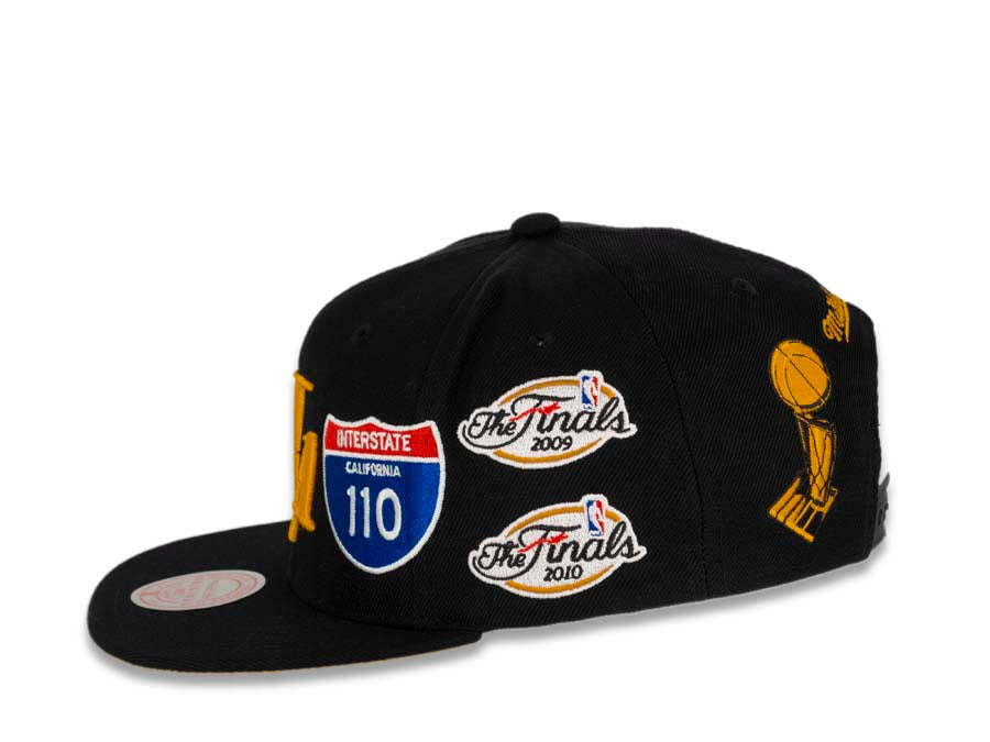 Los Angeles Lakers Mitchell & Ness NBA Snapback Cap Hat Black Crown/Visor Team Color Logo The Finals/Interstate Logo/Palm Tree Patches