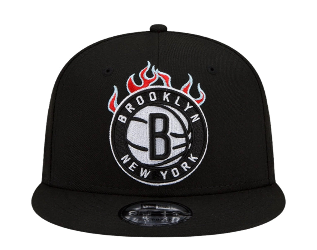 Brooklyn Nets New Era NBA 9FIFTY 950 Snapback Cap Hat Black Crown/Visor White With Flames Logo Sky Blue UV (Team Fire)