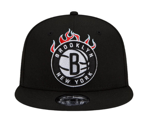 Brooklyn Nets New Era NBA 9FIFTY 950 Snapback Cap Hat Black Crown/Visor White With Flames Logo Sky Blue UV (Team Fire)