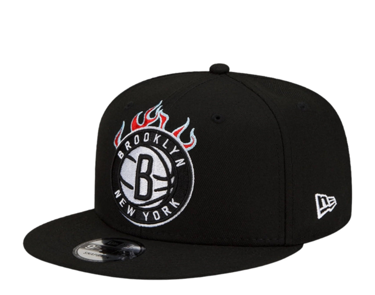 Brooklyn Nets New Era NBA 9FIFTY 950 Snapback Cap Hat Black Crown/Visor White With Flames Logo Sky Blue UV (Team Fire)